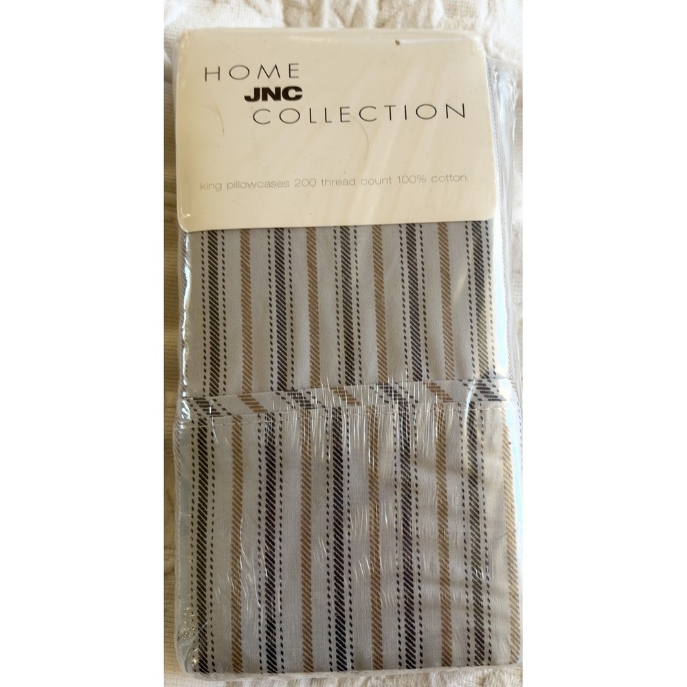 Vtg JNC Home Collection King Pillowcases Pair Midnight Stripe 100% Cotton NOS